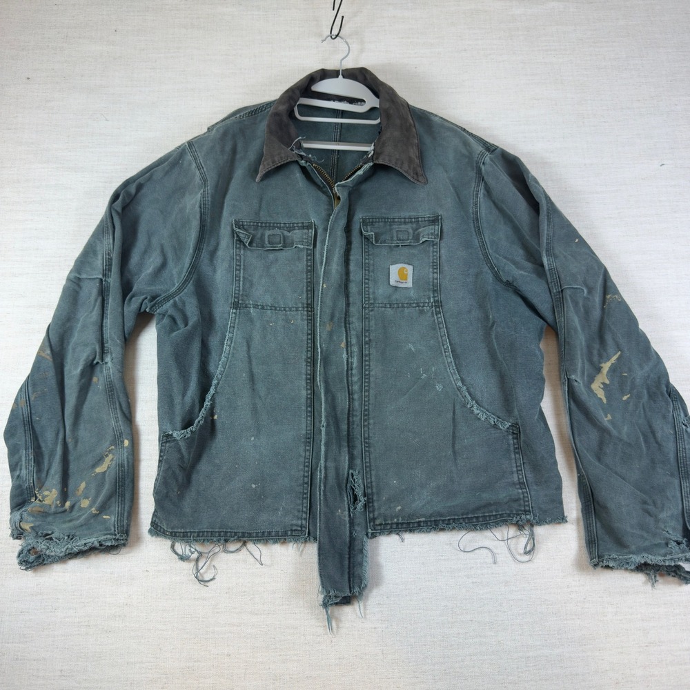 Carhartt Distressed Duck Canvas Work Jacket Teal Blue Corduroy Collar Frayed Hem